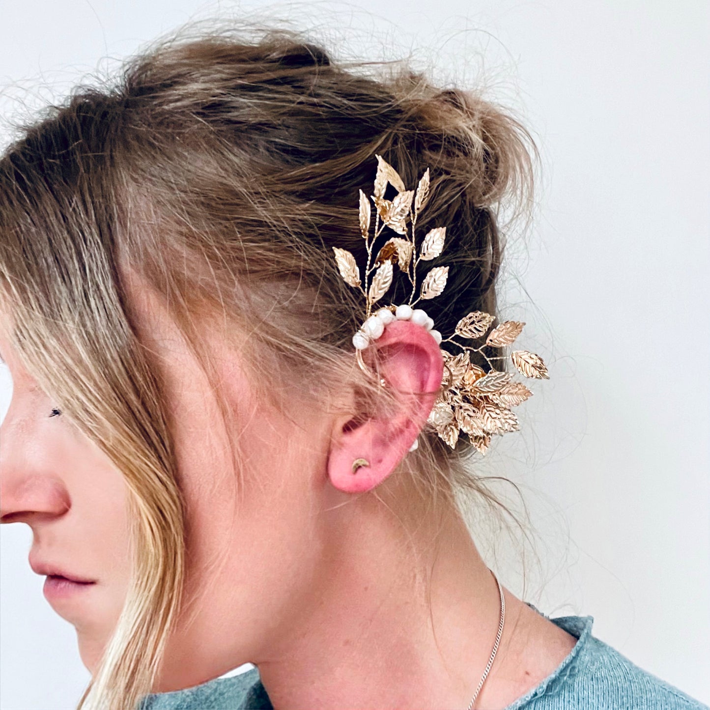 Pearled and Leafed Ear Cuff