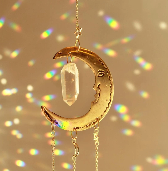 Brass Half Moon Sun Catcher with Quartz
