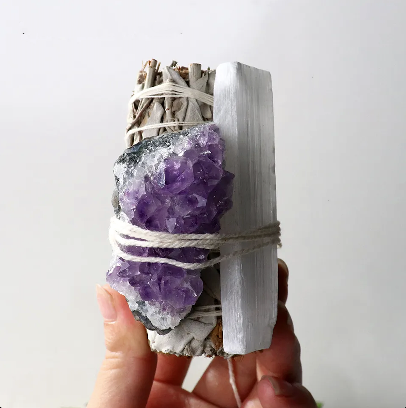 Sage with Amethyst Cluster and Selenite Wand