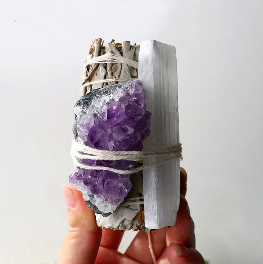 Sage with Amethyst Cluster and Selenite Wand